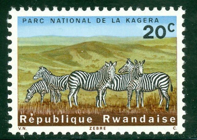 Zebras on Stamps - Rwanda National Parks -  Rwanda Scott #100 - National Park of La Kagera - Animals on Stamps - Zebra on Stamps - National Parks - African Zebra - Zebra