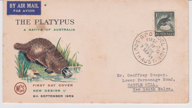 Australia 1959 Platypus 1 - FDC  thematic stamp collecting mammals on stamps fauna on stamps philatelist  philatelic collection  philatelic collector stamp collecting for beginners Australian wildlife Australian fauna Australia topical stamp collecting zoological stamps  animals on stamps wildlife stamps Australian postage stamps topical stamp collection    Duck-billed Platypus Ornithorhynchus anatinus  