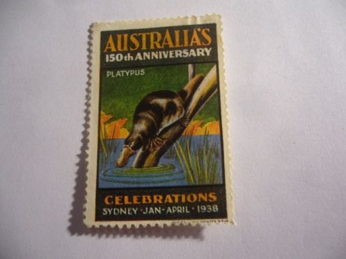 AUSTRALIAN LJW OLD POSTER STAMP SYDNEY 1938 AUSTRALIA'S 150th ANNIVERSARY PLATYPUS  Ornithorhynchus anatinus  zoological stamps  animals on stamps wildlife stamps Australian postage stamps topical stamp collection thematic stamp collecting mammals on stamps fauna on stamps philatelist  philatelic collection  philatelic collector stamp collecting for beginners Australian wildlife Australian fauna Australia topical stamp collecting    