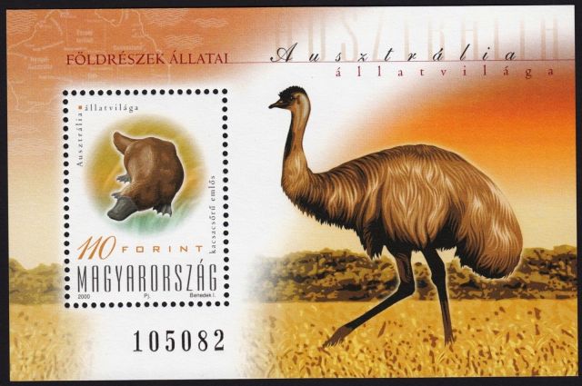 Hungary 2000 - Platypus and Emu  Ornithorhynchus anatinus  zoological stamps  animals on stamps wildlife stamps Australian postage stamps topical stamp collection thematic stamp collecting mammals on stamps fauna on stamps philatelist  philatelic collection  philatelic collector stamp collecting for beginners Australian wildlife Australian fauna Australia topical stamp collecting   